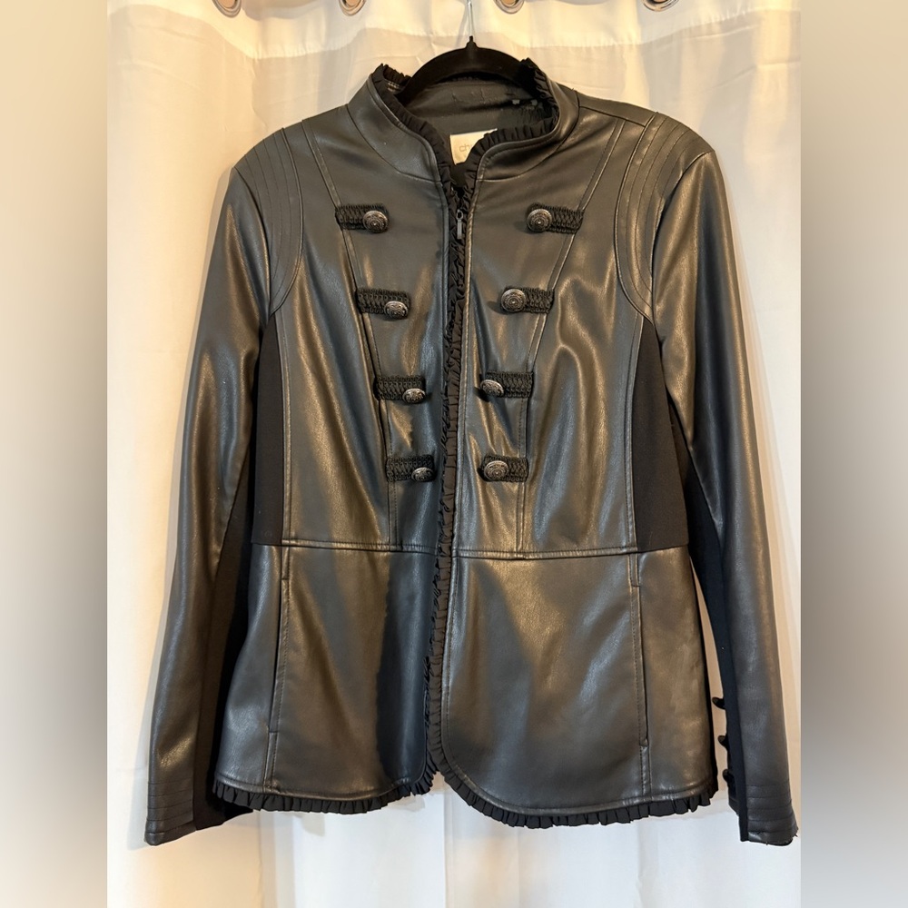 Chicos Faux Leather Military Jacket Black Size Medium Stretch Panels - Picture 2 of 12